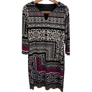 Tiana B Dress M Mixprint Geometric Paisley Print Shift 3/4 Sleeve‎ Boho Retro